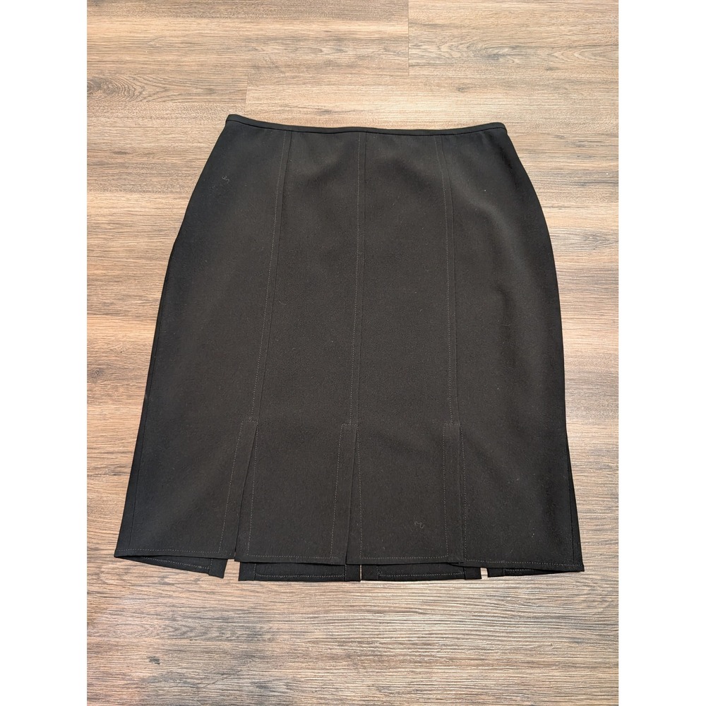 St. John Black Wool Blend Seamed Pencil Skirt Multi Slit Hem Size 12 Made in USA